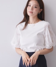 花柄ジャカード5分袖トップス《接触冷感/UVケア/洗濯機OK》
