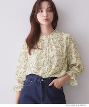 ◆【日比谷花壇コラボ】ボタニカルフリルネックブラウス【洗濯機OK/イージーアイロン/防シワ】