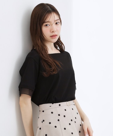 【二の腕カバー/UVカット】袖口シアースクエアネックTシャツ