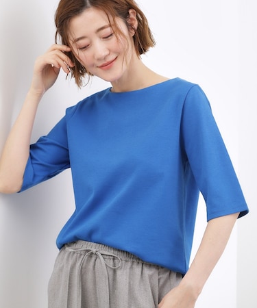 【二の腕カバー/すっきり見え・抗菌防臭/UVカット】きちんと素材のボートネックTシャツ