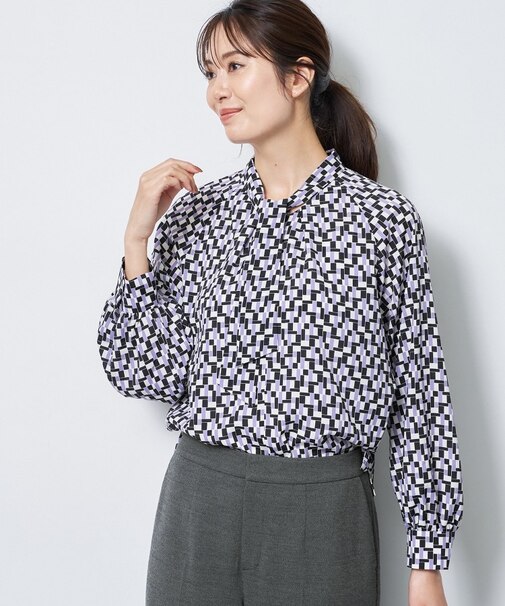 【SS-4Lサイズ/セットアップ】幾何柄プリント ボウタイデザインブラウス