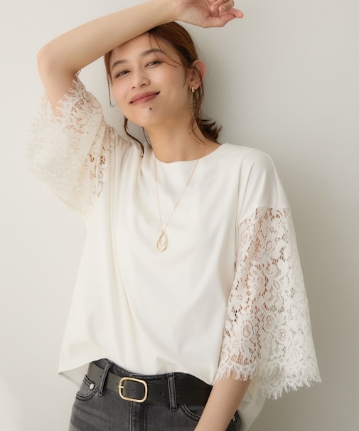【秋映え/甘めTシャツ】袖レースプルオーバー