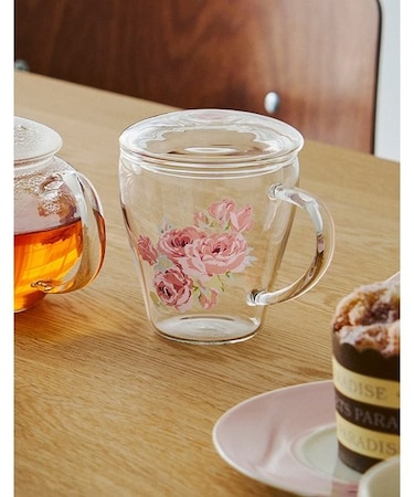 クチュール ローズ柄 耐熱ガラス蓋つきマグ(茶漉し付き)