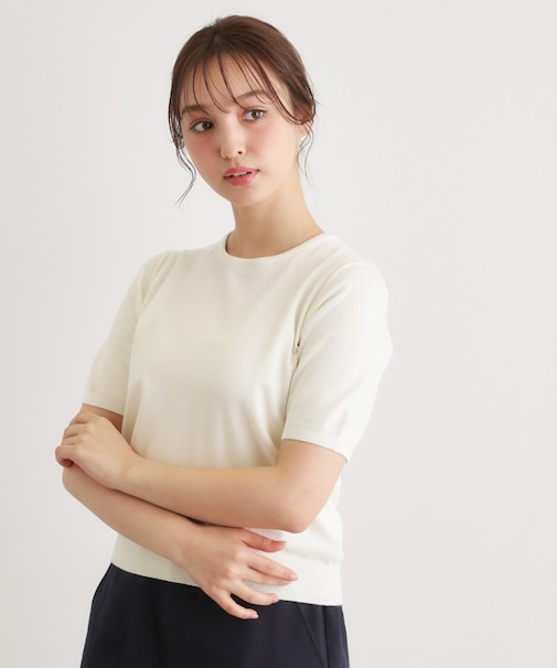 【洗える／5分袖／同素材アイテムあり】ソフトタッチ プルオーバーニット