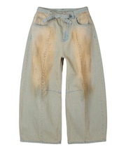 FADED FACE LABEL WIDE BAGGY DENIM PANTS