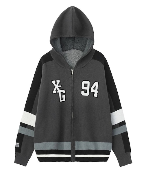 NUMBER AND LOGO JACQUARD ZIP UP KNIT TOP