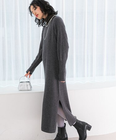 ヤク混サイドスリット畦ニットワンピース
