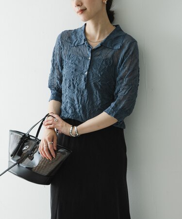 new basic リネン混ワッシャーシャツカラーニット
