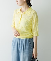 new basic リネン混ワッシャーシャツカラーニット