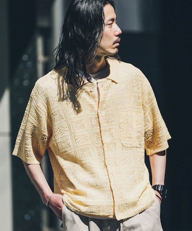 リネンタッチレース編みショートスリーブシャツ