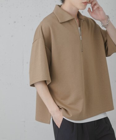 『ユニセックス』ダンボールポンチハーフジップショートスリーブTシャツ