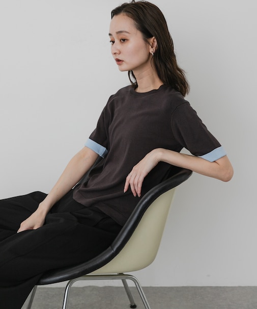 『洗濯可』バイカラーロールスリーブニットTシャツ