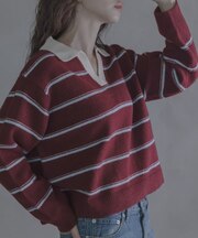 ウールブレンドボーダーニットポロシャツ