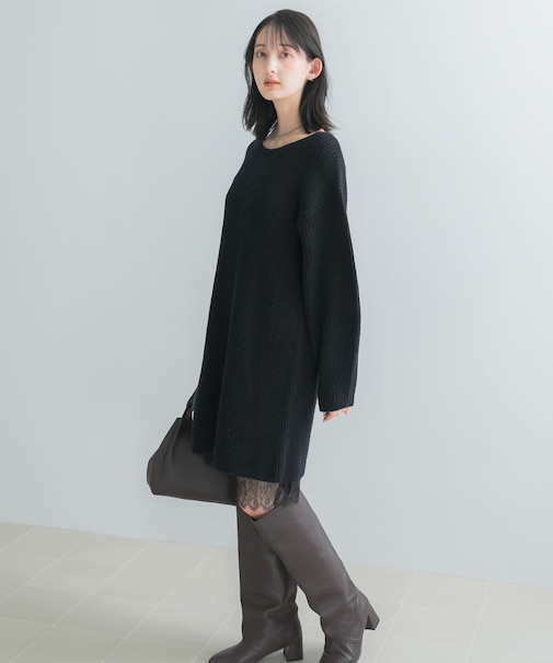 『WEB限定』レースペチ付畦ニットミニワンピース