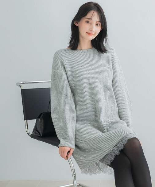 『WEB限定』レースペチ付畦ニットミニワンピース