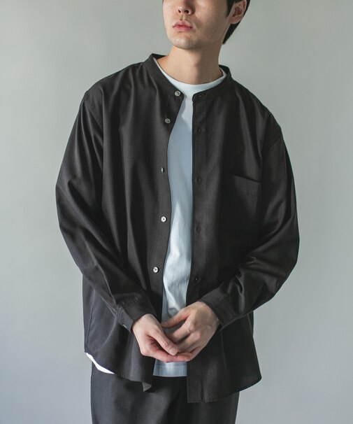 ウール混ミニヘリンボーンワイドバンドシャツ