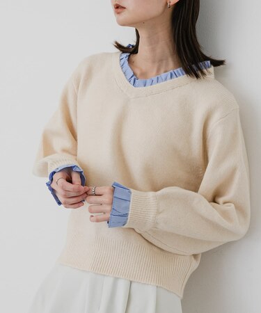 『洗濯可』フリルドッキングVネックニット
