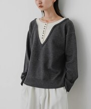 『洗濯可』ダブルネックレイヤードヘンリーネックセーター
