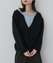 『洗濯可』ダブルネックレイヤードヘンリーネックセーター