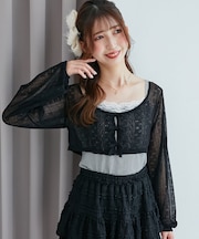 透かしリボンニット×キャミセット