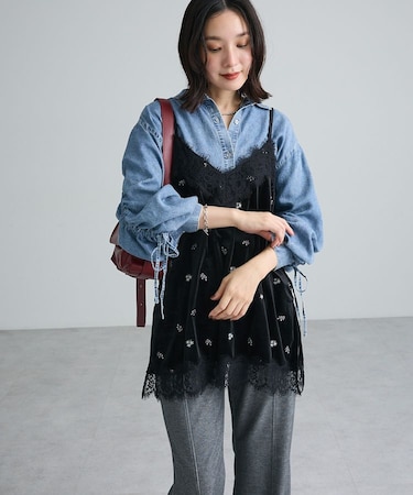 ベロア刺繍レースドッキングキャミビスチェ