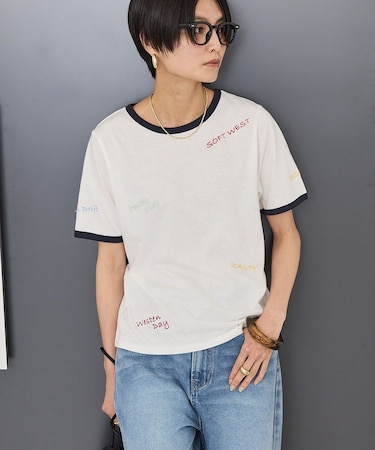 ランダムロゴ刺繍リンガーTシャツ