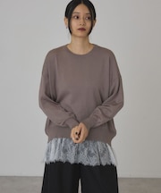 裾レースドッキングクルーネックニット
