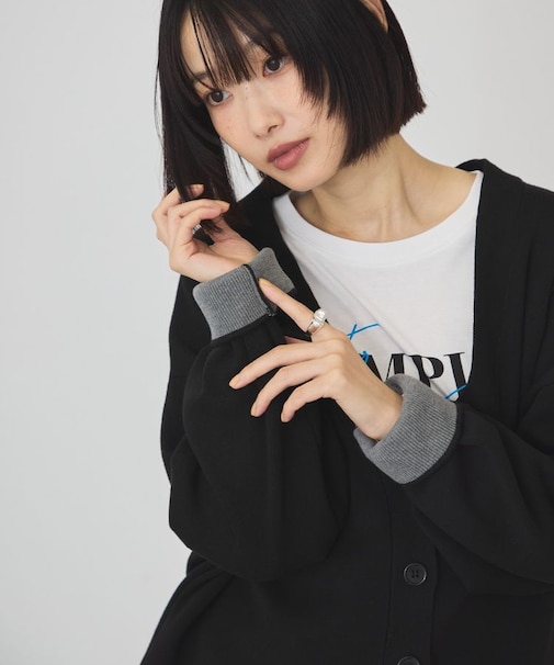 袖配色Vネックニットカーディガン