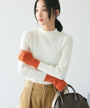 洗える/とてもち配色モックネックリブニットプルオーバー