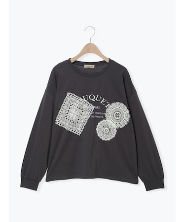レース付きロゴプリントロングTシャツ