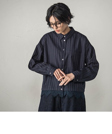 レースドッキングストライプクロップドシャツ
