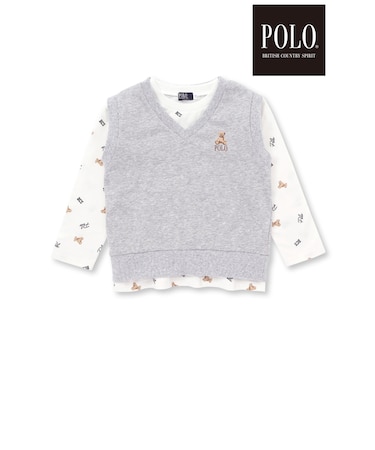 【POLO BCS(ポロ・ビーシーエス)×SLAP SLIPコラボ】【お揃い】POLO総柄プリントTシャツ+クマさん刺しゅうベスト2点セット(80~130cm)