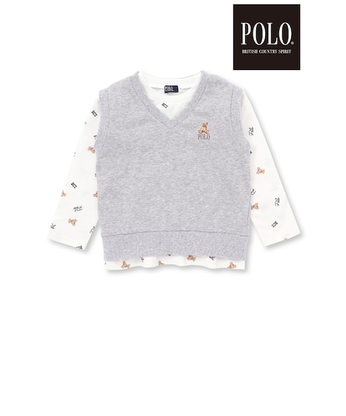 【POLO BCS(ポロ・ビーシーエス)×SLAP SLIPコラボ】【お揃い】POLO総柄プリントTシャツ+クマさん刺しゅうベスト2点セット(80~130cm)