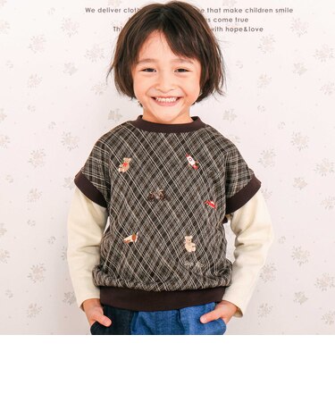 【お揃い】いろいろモチーフ刺しゅうチェックドッキングトレーナー(80~130cm)