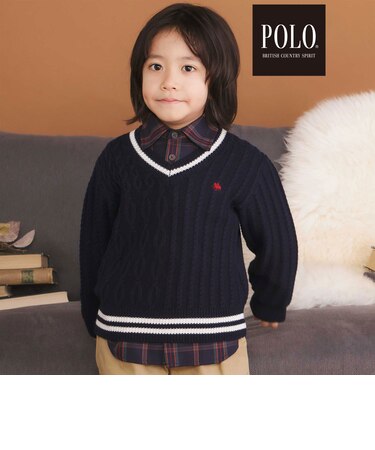 【POLO BCS(ポロ・ビーシーエス)×SLAP SLIPコラボ】襟ライン入りVネックトラッドニットプルオーバー(80~130cm)