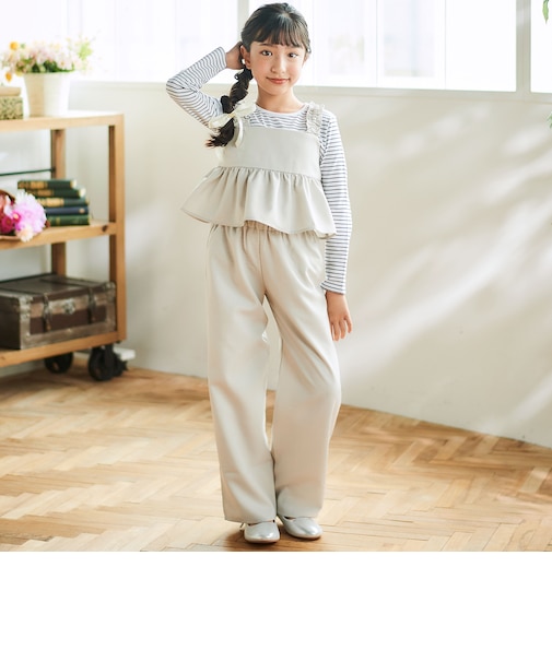 リネン調オックスブラウス+ロングパンツセットアップ(100~160cm)