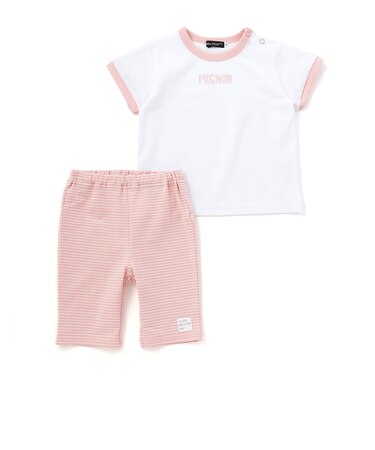 ロゴ刺しゅう半袖リンガーTシャツ+ボーダーリラックスパンツセット(80~90cm)