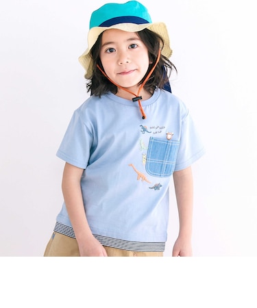 デニムポケット付き電車恐竜刺しゅうレイヤード半袖Tシャツ(80~130cm)