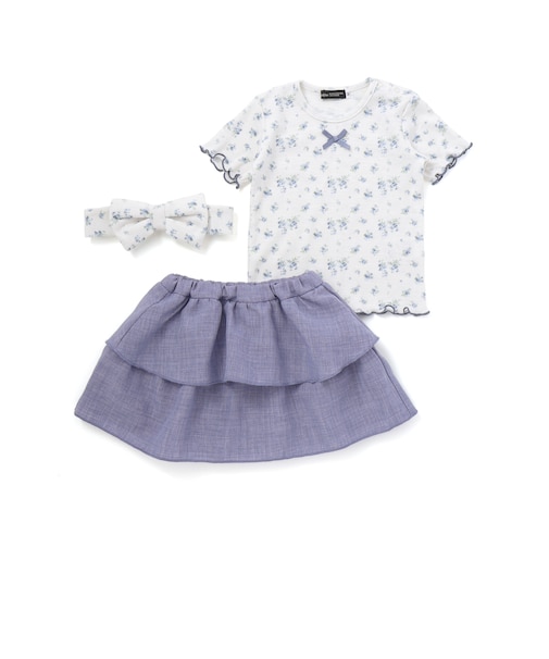 花柄ワッフル半袖Tシャツ+ヒラミニスカパン+ヘアバンドセット(80~90cm)