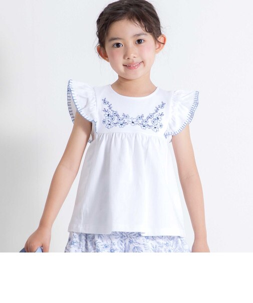 フラワー刺しゅう天竺フリル袖フレアTシャツ(90~150cm)