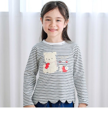 裾スカラップウサギクマネコモチーフ長袖Tシャツ(80~130cm)