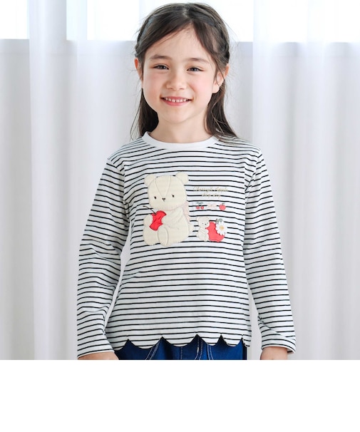裾スカラップウサギクマネコモチーフ長袖Tシャツ(80~130cm)