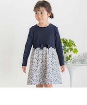 【店舗限定】リブ+ネル花柄ドッキング長袖ワンピース(95~150cm)