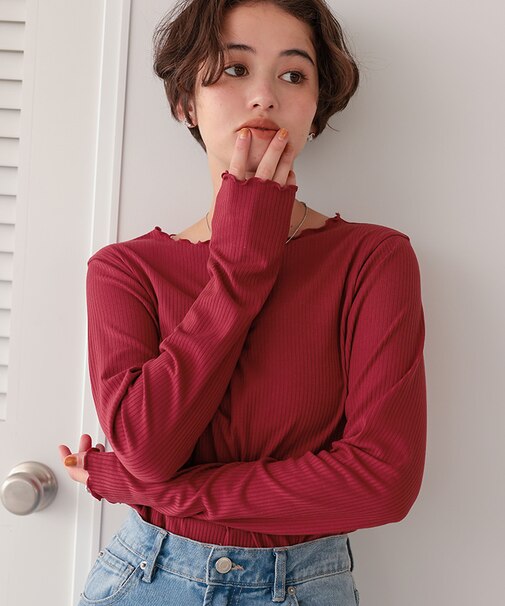 リブカットソーメローデザイントップス