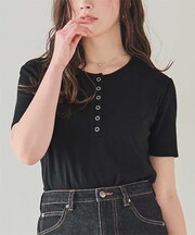 機能性リブカットソーヘンリーネックトップス