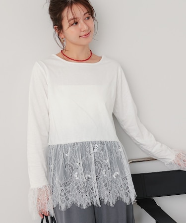 ヘムレースデザインロングスリーブTシャツ