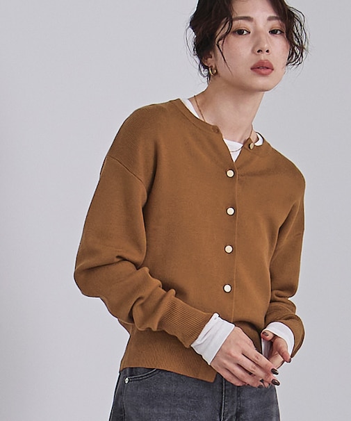 マット釦クルーネックニットカーディガン