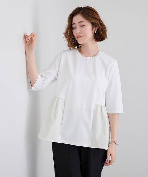 ウエスト切替ギャザーハーフスリーブTシャツ