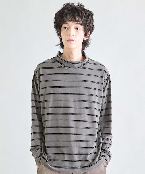 フェードジャガードボーダー モックネックTシャツ