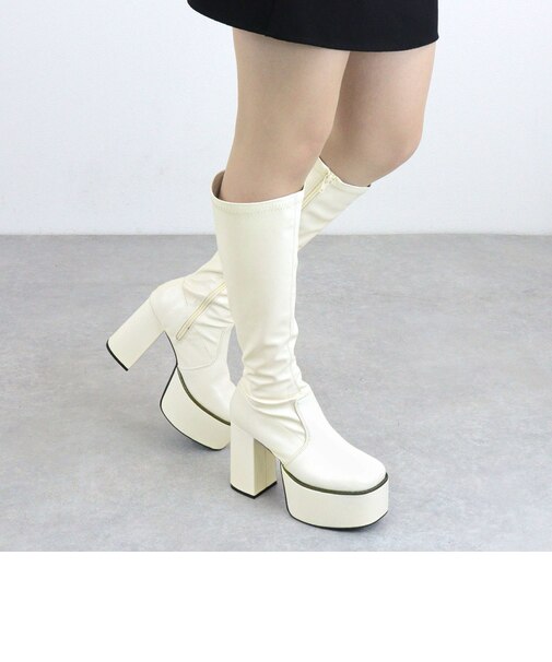 ロングブーツ レディース プラットフォームソール 厚底 美脚 ストレッチ素材 10.5cmヒール (1585)